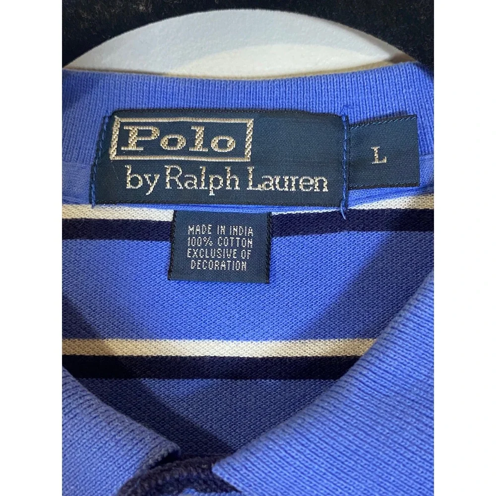 Polo Ralph Lauren Men's Large Blue Striped Short Sleeve Cotton Polo Shirt